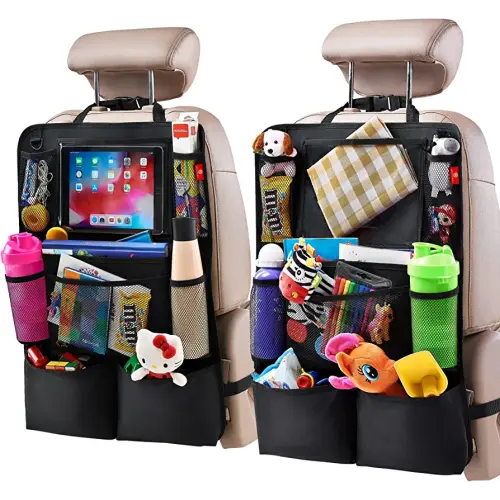 Backseat Car Organizer, Kick Mats Back Seat Protector with Touch Screen Tablet Holder, Back Seat Organizer for Kids, Travel Accessories with 9 Storage Pockets 2 Pack, Black