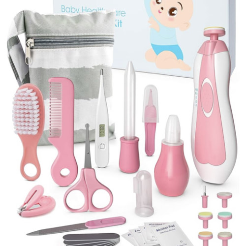 OTTOLIVES Baby Healthcare and Grooming Kit, 24 in 1 Baby Electric Nail Trimmer Set Newborn Nursery Health Care Set for Newborn Infant Toddlers Baby Boys Girls Kids Haircut Tools (0-3 Years+) (Pink)