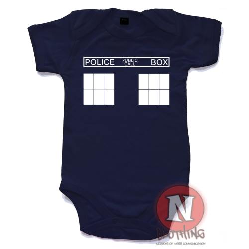 Dr Who Tardis babygrow vest. Babygrow baby suit in sizes from 0-3 up to 12-18 months. For the baby Timelords!