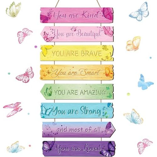 Inspirational Girl Room Decor Aesthetic Art Wall Hanging Sign Inspiring Colorful Rainbow Wooden Decoration for Kids Teens Toddler Boy Baby Bedroom Nursery Dorm Decor, 6-12 Years Old (Butterfly)