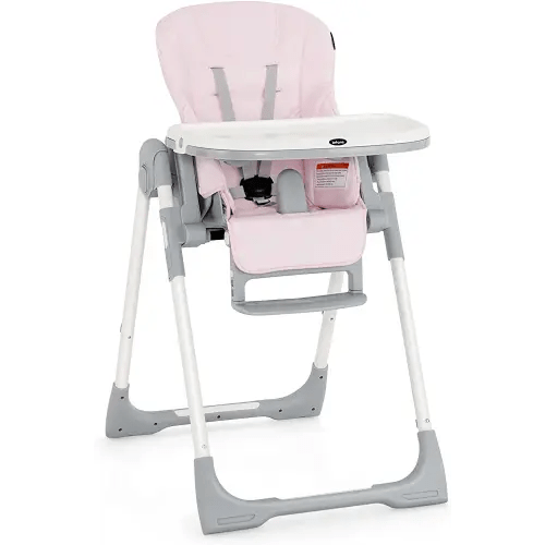 INFANS High Chair for Babies & Toddlers, Foldable Highchair with Multiple Adjustable Backrest, Footrest and Seat Height, Removable Tray, Detachable PU Leather Cushion, Built-in Rear Wheels (Pink)