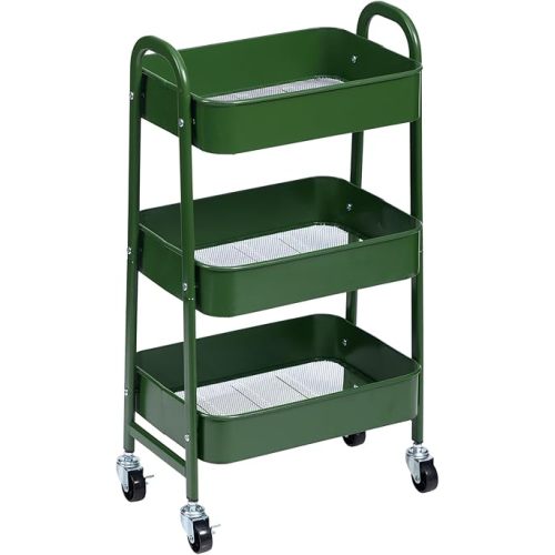 AGTEK 3 Tier Utility Rolling Cart with Lockable Wheels, Metal Multifunctional Storage, Organizer Cart for Kitchen, Office, Living Room, Makeup, Craft, Art Studio, Forest Green