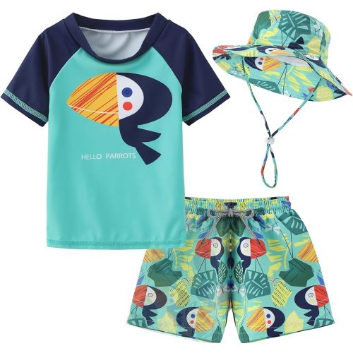 Toddlers and Baby Boys' 3-Piece Swimsuit Trunk Rashguard Set and Sun Hat Swimwear Bathing Suit Sunsuit Swim Shirt UPF 50+