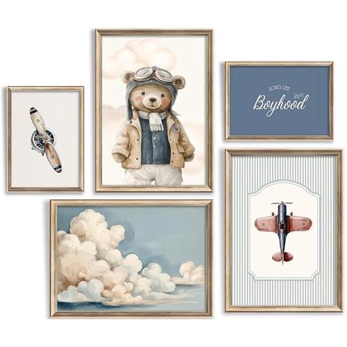 Vintage Baby Boy Nursery Wall Art Retro Airplane Travel Kids Room Canvas Wall Decor Teddy Bear Pictures Navy Blue Aviation Posters Cloudy Sky Painting Print Artwork for Boy Room Playroom, Unframed