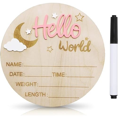 Baby Announcement Sign, 5.9 Inch Wooden Hello World Newborn Signs, Birth Announcement Sign and Pen, Moon and White Cloud Decoration, Welcome Newborn Arrival to World, Hospital Nursery for baby (Pink)