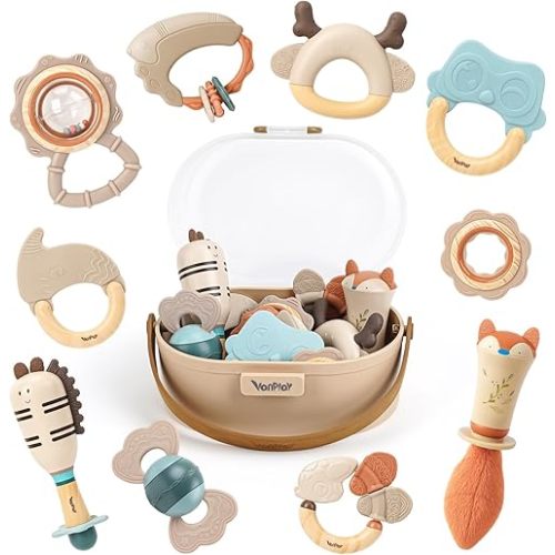 Baby Rattles & Teethers Set – Baby Toys 0-6 Months, Teething Toys 3-6 Months, Sensory Toys with Soft Textures, Gentle Sounds & Easy-Grip Shape, Neutral Newborn Gift（10-Pack）