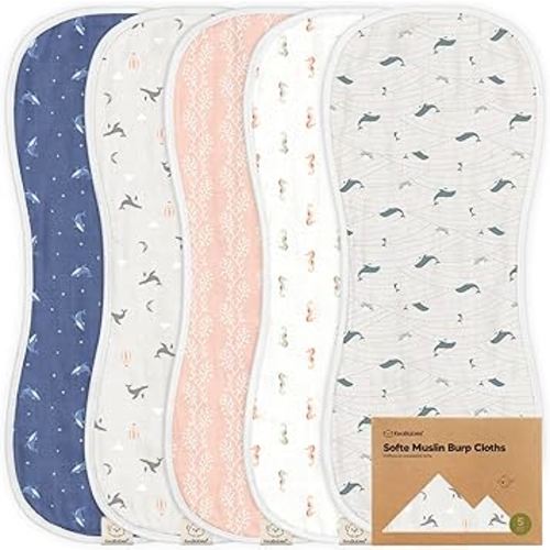 5-Pack Muslin Burp Cloths Baby Boy, Girl - Very Absorbent Baby Burp Cloth Rags, 8-Layers Viscose Derived from Bamboo Cotton Muslin Towel, Super Soft Spit Up Rags, No Shrink Washcloths (Marine Muse)