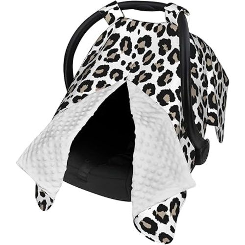 9CH Car Seat Canopy for Babies, Peekaboo Opening Minky Car seat Cover for Baby Mom Nursing Breastfeeding Covers, Minky Blanket for Infant Toddler (Leopard)