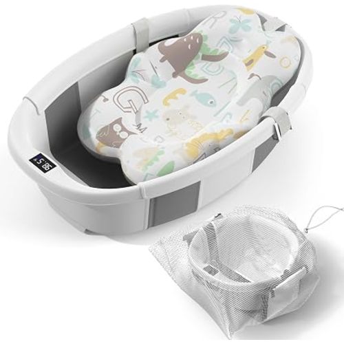 Collapsible Baby Bathtub - Large Baby Bath Tub with Thermometer & Cushion |  for Baby 0 to 36 Months (Grey)