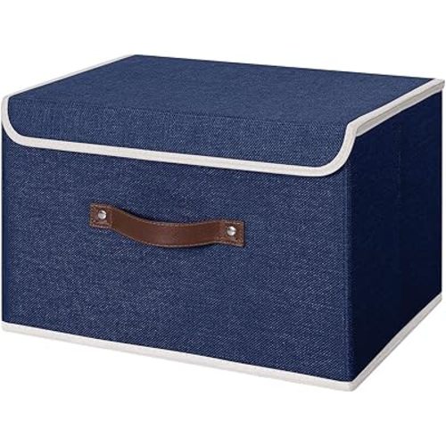 ANMINY Storage Bin with Lid Storage Boxes with PU Leather Handles PP Plastic Board Decorative Foldable Lidded Cotton Linen Fabric Home Cubes Baskets Closet Organizer Container - Blue, Large Size