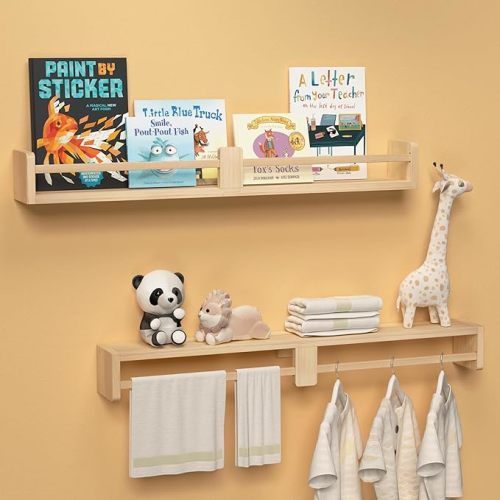 32 Inch Nursery Book Shelves, Floating Shelves Set of 2, Wall Mounted Hanging Shelves for Kids Room Wall, White Wall Shelf, Baby Book Shelves for Kids Bedroom Decor Organizer - Natural Wood