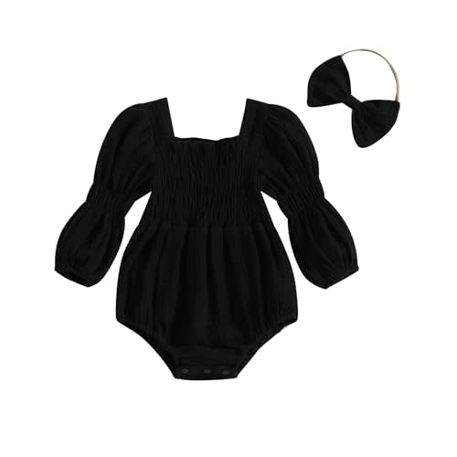 Kavousa Smocked Baby Girl Clothes Newborn Girl Bubble Romper Long Sleeve Jumpsuit And Headband Outfit Cute Infant Clothing