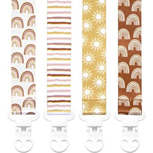 Baby Pacifier Clip Holder - Girl or Boy Unisex 4 Pack Gift Set – Boho Modern Neutral Rainbows Suns Stripes (Boho Baby)