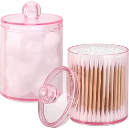 Tbestmax 2 Pack Qtip Holder Bathroom Jars Canisters for Cotton Ball Swab Pad Storage Dispenzer, Pink 10-Ounce