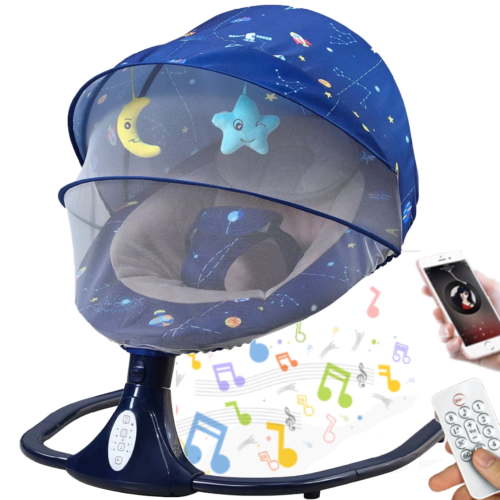 Hurber Electric Baby Swing, Infant Bouncer Chair with Adjustable Seat, Bluetooth Music, 12 Lullabies, 4 Speeds, 4 Timing Set, Unisex, Blue