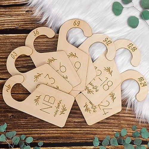 Baby Closet Dividers for Clothes Organizer - Set of 7 Adorable Wooden Double-Sided Baby Clothes Size Hanger Organizer from Newborn to 24 Months for Nursery Beautiful Decor