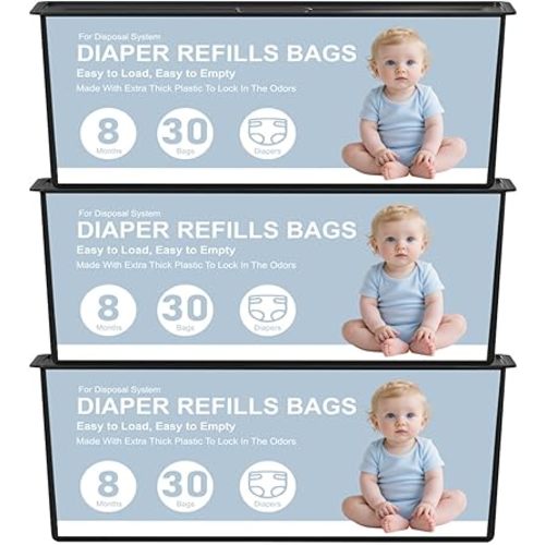 Diaper Pail Refills Bags Compatible with Genie Easy Roll Signature and Platinum Diaper Pails,90 Refills Holds up to 4200 Newborn Diapers,7-Layer Odor-Barrier Technology (3 Pack)
