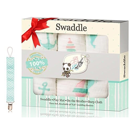Swaddle Blankets For Baby Boy & Girl, Organic Cotton 46?X46?, The Greeny Turquoise Collection, 3 Blankets a Pack + Bonus Gift