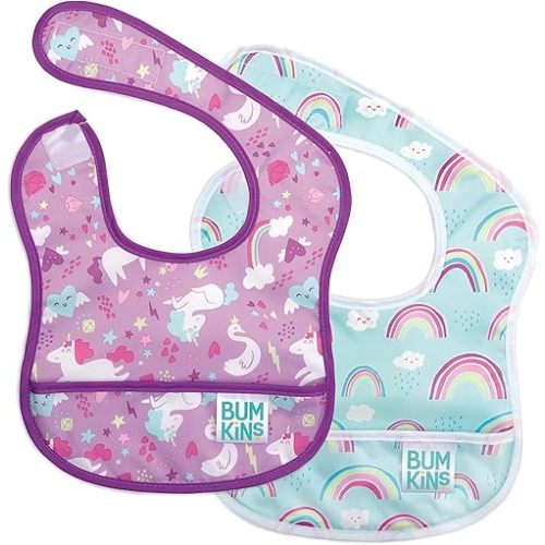 Bumkins Bibs, for Baby Girl or Boy, Infant 3-9 Mos, Essential Must Have for Eating, Feeding, Baby Led Weaning, Mess Saving Waterproof Soft Fabric, Starter Bib 2-pk Unicorns, Rainbows Blue and Purple