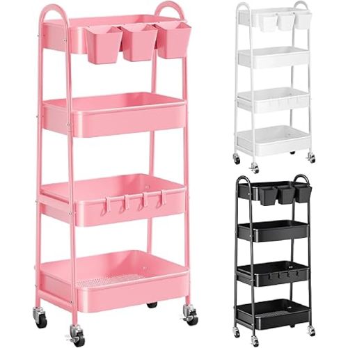 4 Tier Metal Rolling Cart with Lockable Wheels and Handle, Four Tiered Pink Trolley Cart on Wheels, Utility Storage Organizer for Bathroom, Kitchen, Teachers, Art, Crafts, Baby Diaper, Snack, Nail