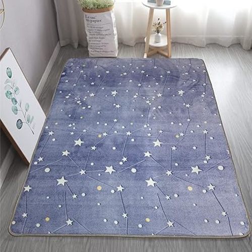 Luminous Area Rug Glow in The Dark for Bedroom Living Room, Unique Soft Washable Modern Indoor Rugs for Children Dorm Home Decor, Blue Galaxy 2.6x5.2 Feet