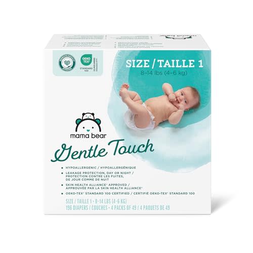 Amazon Brand - Mama Bear Gentle Touch Diapers, Hypoallergenic, Size 1, 196 Count (4 packs of 49), White