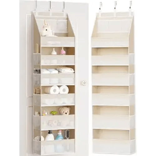 Over the Door Organizer, 6-Shelf Closet Hanging Storage with 13 Mesh Pockets, 55lbs Capacity Behind the Door Storage for Baby Nursery, Bathroom, Bedroom, and Dorm, Beige
