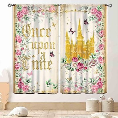 Princess Curtains for Girls Bedroom, Once Upon a Time Magic Gold Castle Romantic Pink Watercoror Floral Fairy Dreaming Window Drapery Treatments for Living Room Home Bathroom 2 Panels, 63"x72" Inch