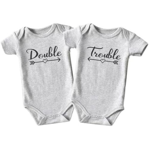 Double Trouble Twin Outfits For Boy And Girl Newborn Twins Baby Items Must Haves Twin Announcement