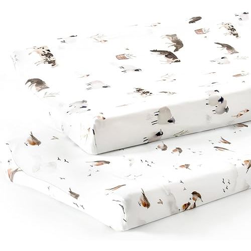 GRSSDER Stretch Ultra Soft Jersey Knit Changing Pad Cover Set 2 Pack, Change Table Pad Covers Fit 32"/34" x 16" Pads Safe and Snug, Cute Watercolor Cows and Birds Print for Boys and Girls