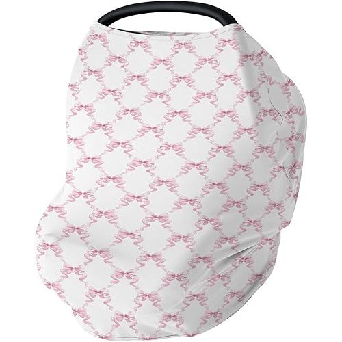 Pink Bows Ribbon Baby Car Seat Covers Pastel Baby Pink Ribbons Stretchy 5-in-1 Cover Adjustable Infant Carseat Cover Canopy Watercolor Bows Girly Breathable Nursing Cover-Up