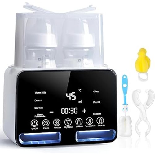 Baby Bottle Warmer All Bottles Water Bath Warming 48H Constant Thermostat Mode, 10-in-1 Milk Warmer Steamer, Preset, Defrost, Double Bottle Warmer Twins for Breastmilk Formula, Heat Baby Food