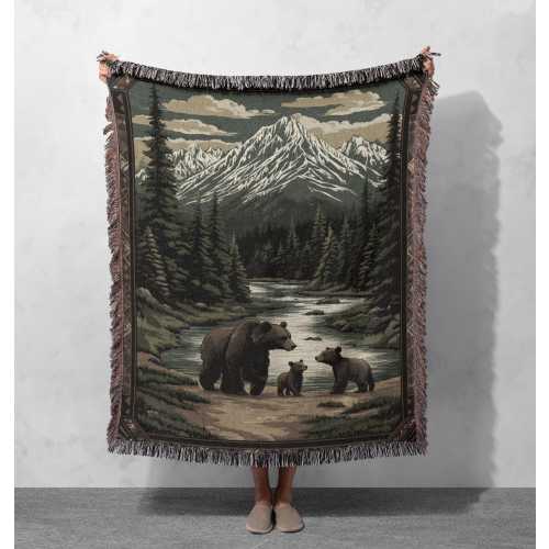Mama Bear And Cubs Woven Blanket 100% Cotton, Nature Lover Gift , Forest Wildlife, Mountain Blanket, Hiking Hobby, Cozy Decor , Family Gift