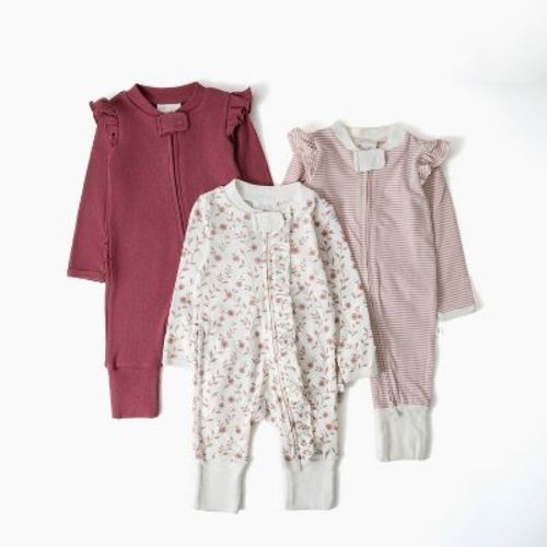 Picolette by Olivia Culpo Baby Girls' 3pk Long Sleeve Pajama Romper fold over footie cuff