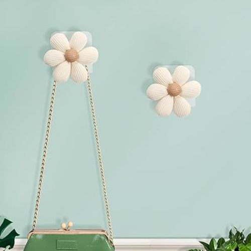 2 Pack Adhesive Wall Hooks Flower Wooden Towel Coat Sticky Hooks for Bathroom Shower Kitchen (Beige)