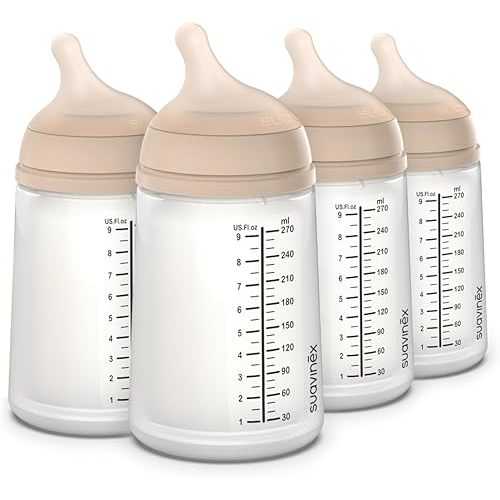 Suavinex Zero Zero Anti Colic Baby Bottle, No 1 Spanish Baby Bottle Brand, Minimizes Bottle Rejection & Nipple Confusion, Perfect for Breastfeeding Babies, Adaptable Flow, 4 Pk 9 oz, Light