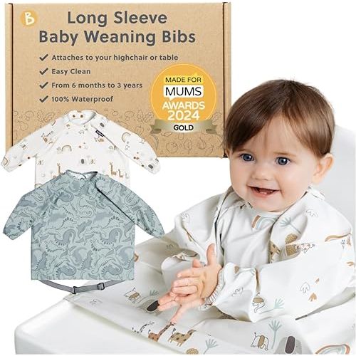BIBaDO - Long Sleeve Baby Bibs - Babies & Toddlers 6-36 Months - Coverall Baby Led Weaning Bib - Easy Wipe, Soft & Waterproof