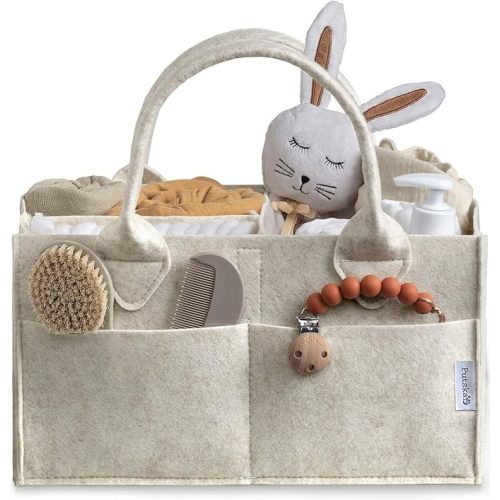 PUTSKA Baby Diaper Caddy Organizer Nursery Basket - Baby Basket Gift Registry For Baby Shower List. Baby Must Haves Essentials. Neutral Baby Stuff For Newborn Boy Nursery Decor Or Girl(White 15x9x7)