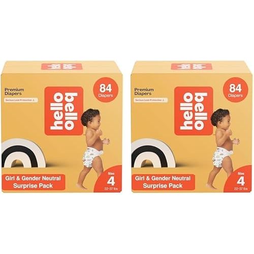 Hello Bello Premium Diapers, Size 4 (22-37 lbs) Surprise Pack for Girls - 84 Count, Hypoallergenic with Soft, Cloth-Like Feel - Assorted Girl & Gender Neutral Patterns (Pack of 2)