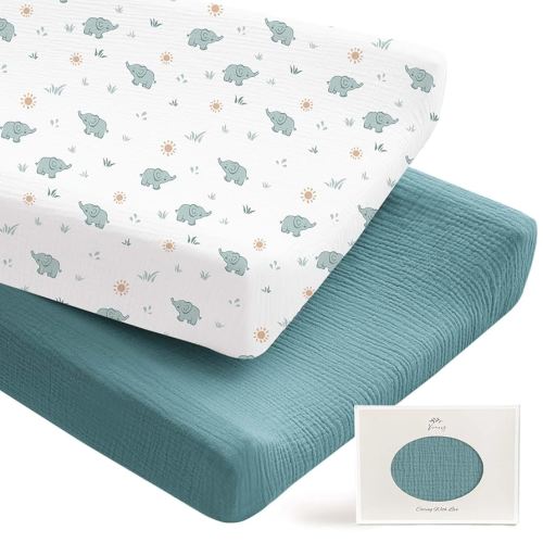 Konssy 2 Pack Muslin Changing Pad Covers for Boys, Ultra Soft & Breathable Cotton Baby Diaper Changing Table Covers, Neutral Nursery Diaper Changing Pad Sheets (Elephant,Teal)
