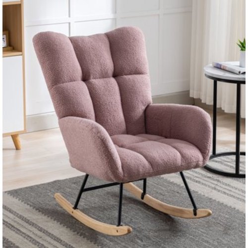 Rocking Chair Nursery,Teddy Upholstered Glider Rocker with High Backrest,Modern Rocking Accent Chairs Glider Recliner for Living Room, Nursery, Bedroom,Pink