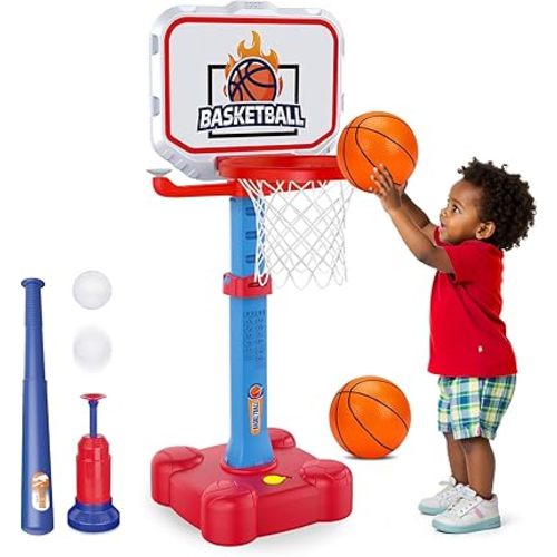 Tsomtto 4 in 1 Kids Basketball Hoop & T Ball Set Indoor Outdoor Toys for Toddlers 1-3 Adjustable Toddler Pool Basketball Hoop Goal Sports Outside Play Toys for 1 2 Year Old Boys Girls Birthday Gifts