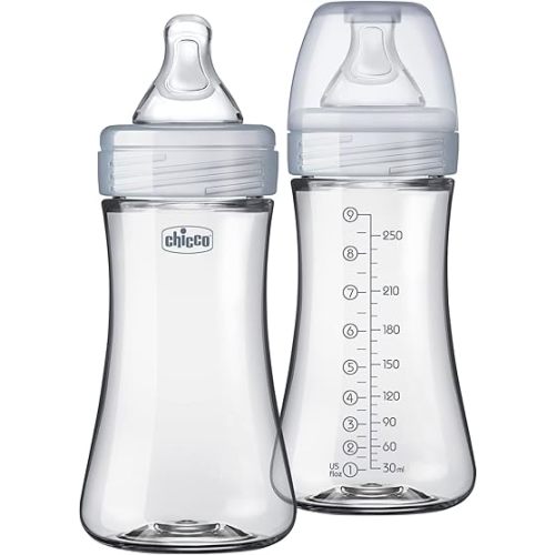 Chicco Duo 9oz. Hybrid Baby Bottle Invinci-Glass Inside with Slow Flow Anti-Colic Nipple - Clear/Grey, count 2 (Pack of 1)