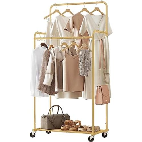 Ekisemio Double Rod Clothes Garment Rack, Heavy Duty Clothing Rolling Rack on Wheels for Hanging Clothes, Gold