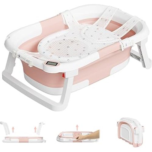 Collapsible Baby Bathtub,Baby Bath Tub with Soft Cushion & Thermometer,Baby Bathtub Newborn to Toddler 0-36 Months,Portable Travel Baby Tub, Pink, Bath Tub Pro