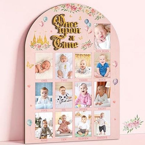 R HORSE My First Year Photo Display Wood Board - 3D Princess Baby's First Year Picture Frame, 12 Months Fairytale Castle Milestone Board Baby Keepsake Gift 1st Birthday Nursery Decor for Girl