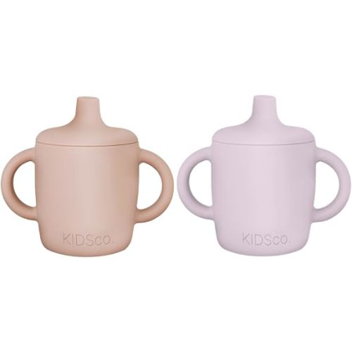 KIDSco. Silicone Sippy Cups (2 Pack) – Soft Spout & Easy Grip Handles for Babies 6+ months, Plastic Free, Toxic Free Silicone, Leak-Resistant, Dishwasher Safe (Pink and Sandy Shore)
