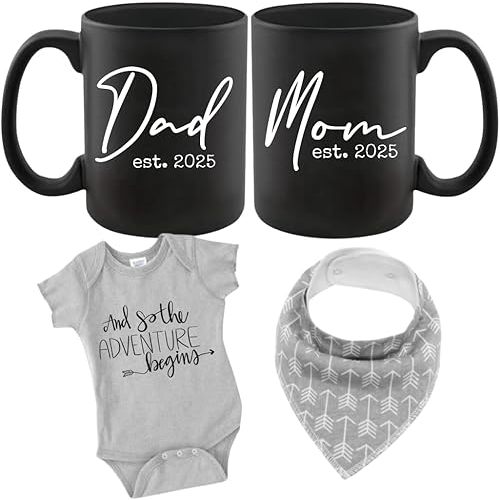 Pregnancy Gift Est 2025 - New Mommy and Daddy Est 2025 11 oz Mug Heart Set with "And So The Adventure Begin" Romper (0-3 Months) Top Mom and Dad Gift Set for New and Expecting Parents to Be