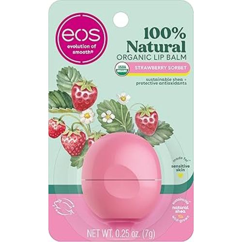 eos 100% Natural & Organic Lip Balm- Strawberry Sorbet, All-Day Moisture, Dermatologist Recommended for Sensitive Skin, Lip Care Products, 0.25 oz