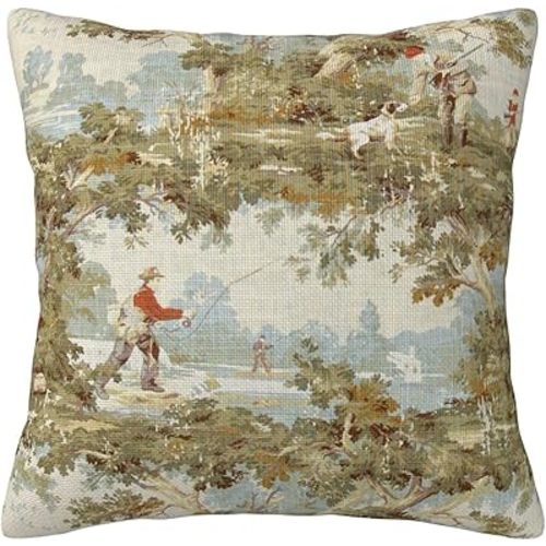 Farmhouse Rustic Vintage Throw Pillow Covers 18x18 Inch Country Home Decor Retro Pillow Case Fishing and Hunting Pattern Square Pillowcase Cushion Cover for Indoor/Outdoor Sofa Living Room Couch Bed